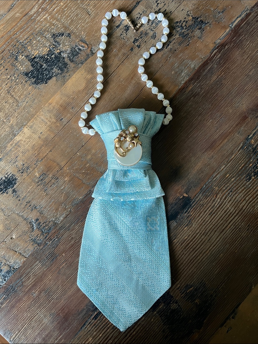 Handmade Upcycled  Vintage Silk Tie Necklace with Brooch